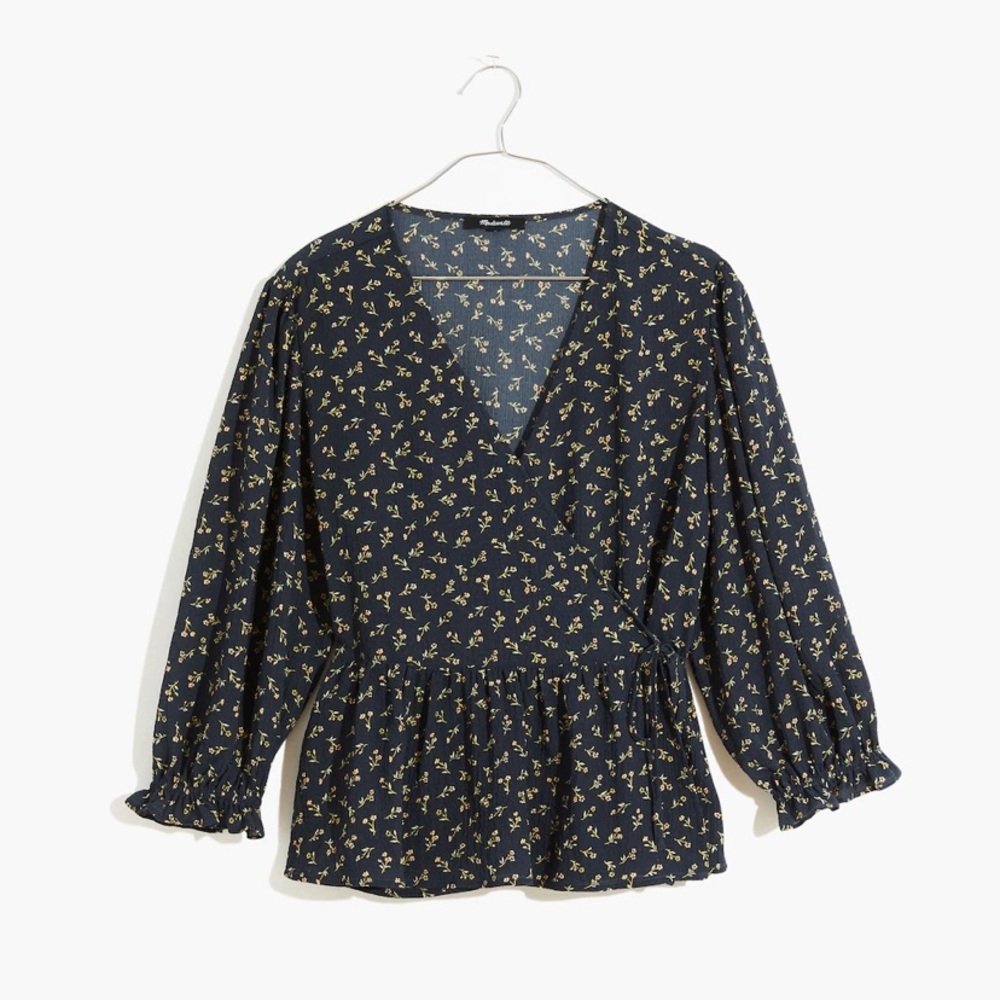 Puff-Sleeve Peplum Wrap Top in Spring Fling
